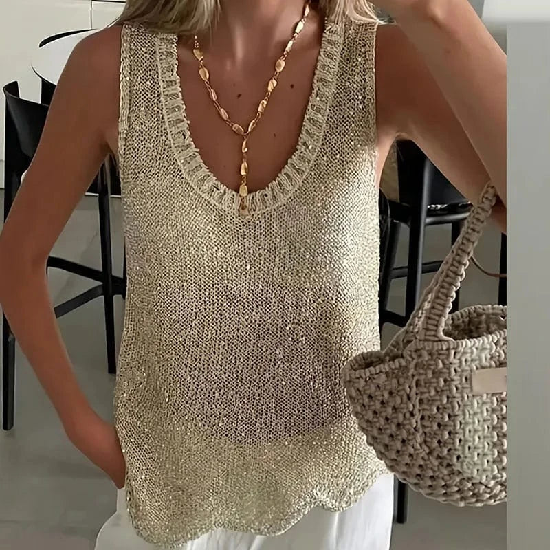 Women Sexy U Neck Sequin Party Shirt 2025 Spring Solid See Through Hollow Top Pullover 2025 Summer Sleeveless Loose Tank T-shirt