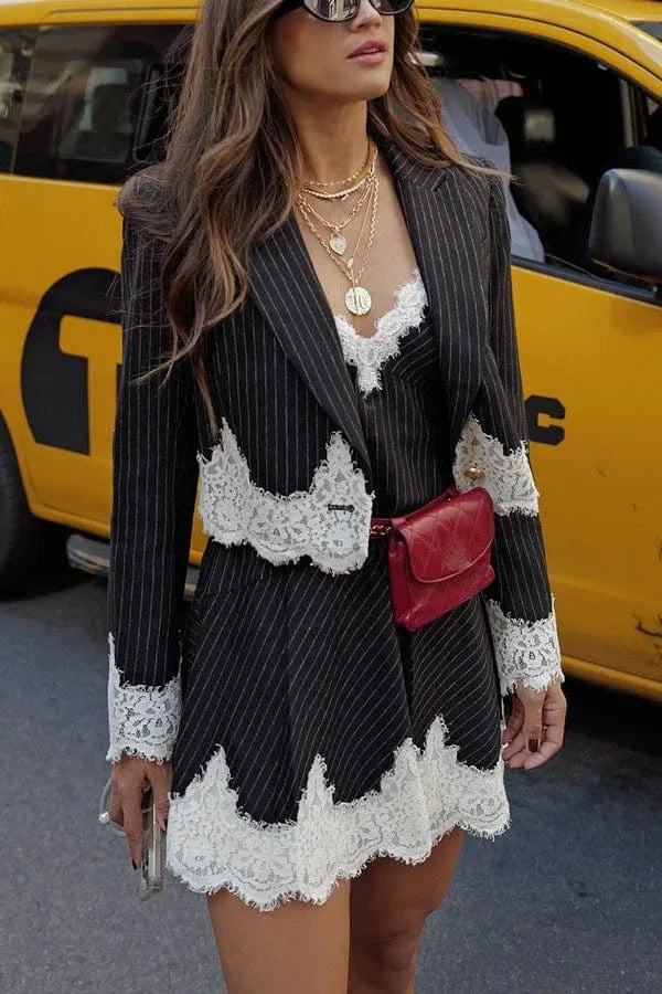 Women Sexy V Neck Mini Dress And Lapel Suit Jacket Office Lady Striped Lace Patchwork Two Piece Dress Sets Elegant Female Suits