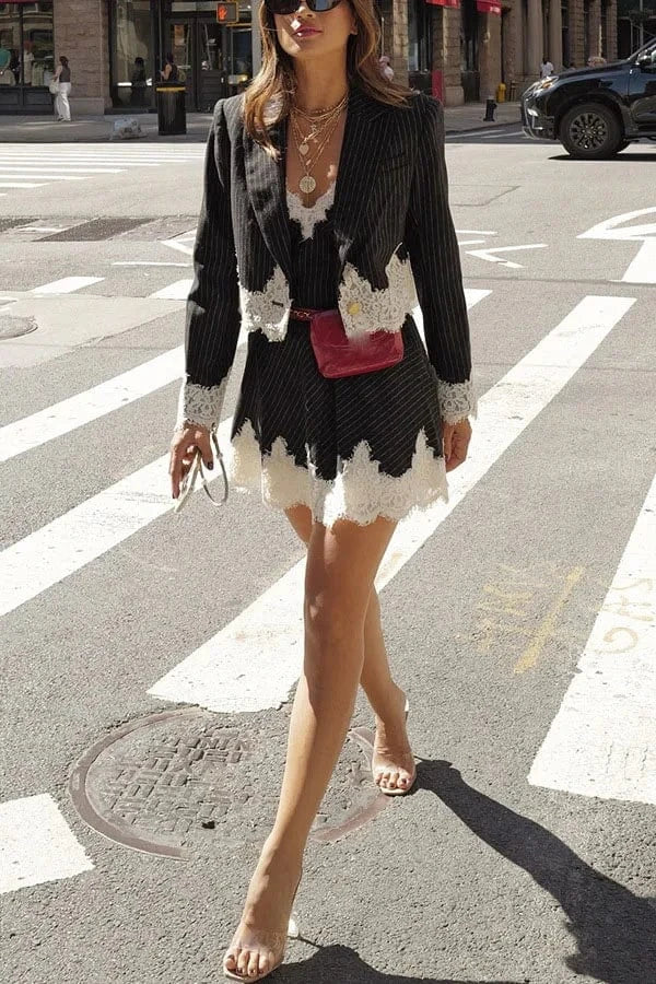 Women Sexy V Neck Mini Dress And Lapel Suit Jacket Office Lady Striped Lace Patchwork Two Piece Dress Sets Elegant Female Suits