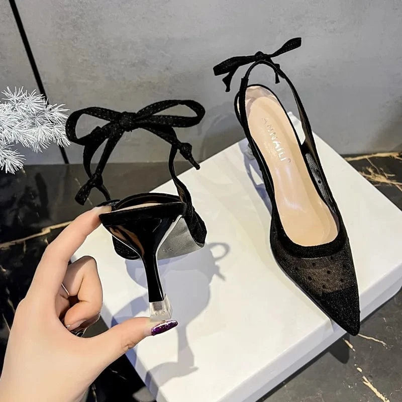 Women Shoes 2023 Breathable Mesh Polka Dot Sandals Pointed-toe Wrap-toe Lace Up Thin Heels Sandals For Ladies Banquet Dress Shoe