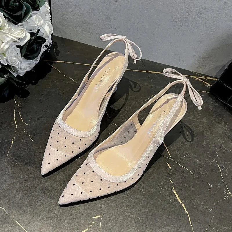 Women Shoes 2023 Breathable Mesh Polka Dot Sandals Pointed-toe Wrap-toe Lace Up Thin Heels Sandals For Ladies Banquet Dress Shoe