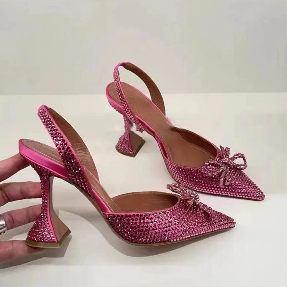 Women Shoes 2023 Casual Rhinestone Bowknot Decor Mujer Shoes Pointed-toe Slingback High Heel Sandals For Ladies Shopping Sandals