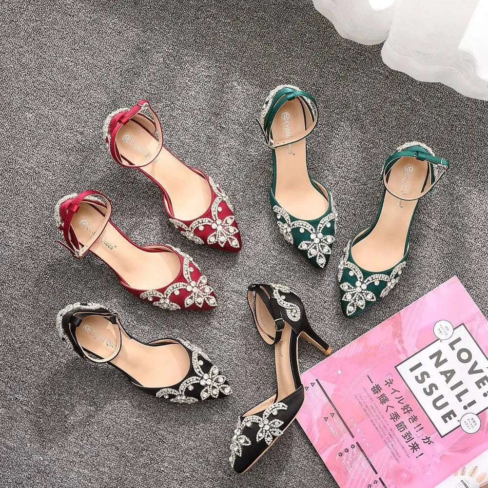 Women Shoes 2023 Classic Silk Satin Rhinestone Decor Shoes Pointed-toe Roman Thin Heel Sandals For Female Wedding Banquet Sandal