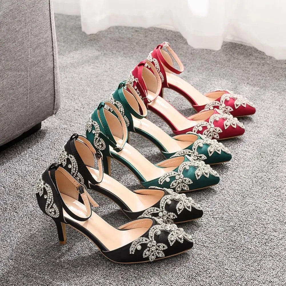 Women Shoes 2023 Classic Silk Satin Rhinestone Decor Shoes Pointed-toe Roman Thin Heel Sandals For Female Wedding Banquet Sandal