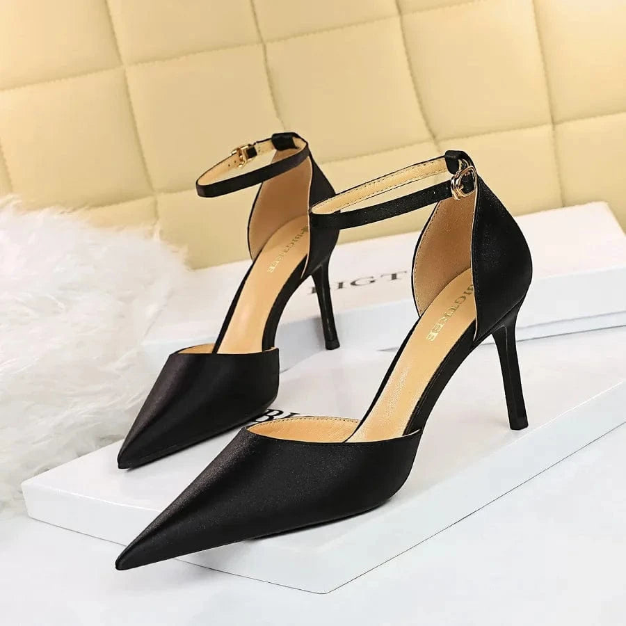 Women Shoes 2023 Comfortable Silk Satin Pointed-toe Shoe Hollow Out Ankle Strap High Heels Sandals Ladies Dating Shopping Sandal