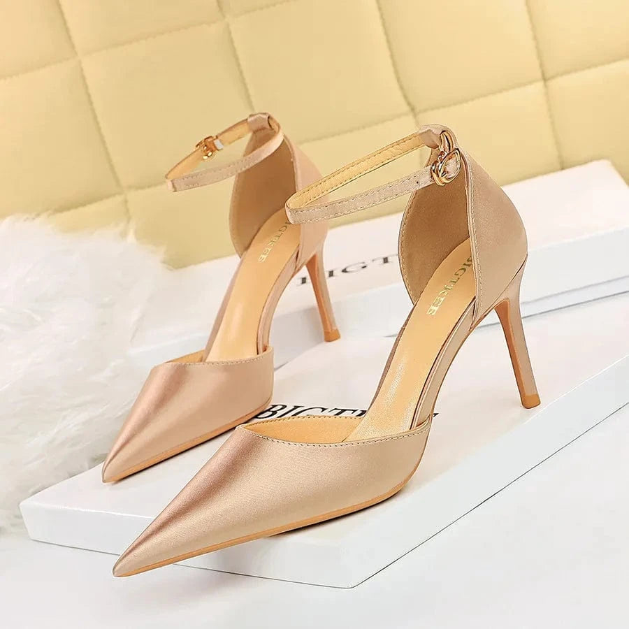 Women Shoes 2023 Comfortable Silk Satin Pointed-toe Shoe Hollow Out Ankle Strap High Heels Sandals Ladies Dating Shopping Sandal