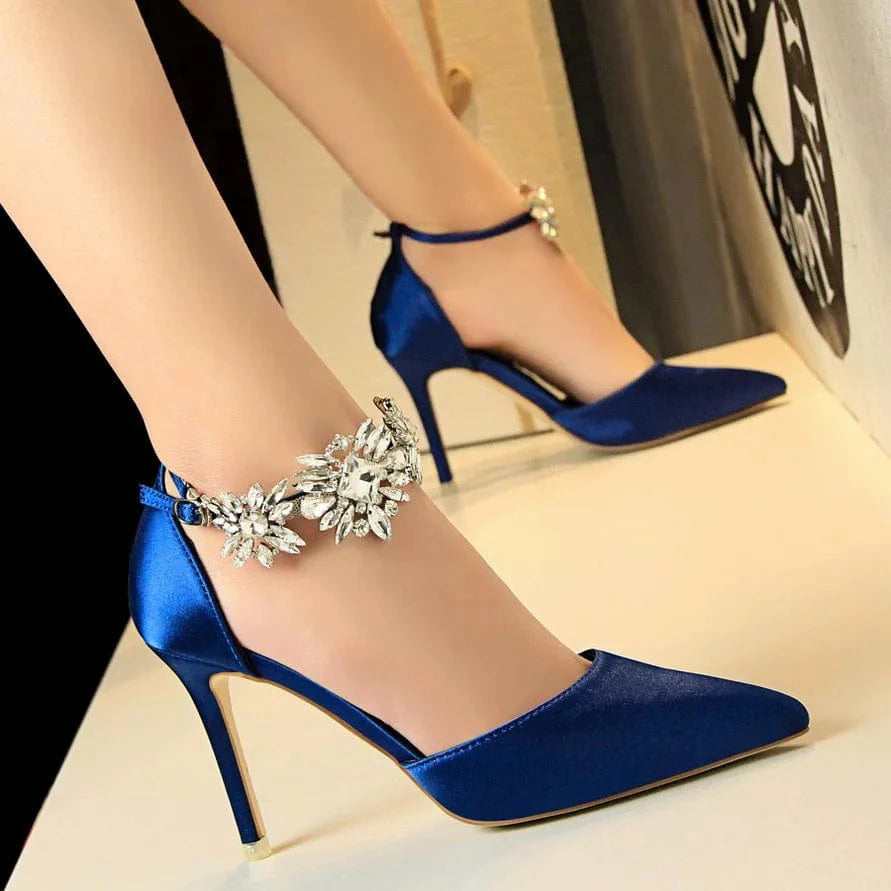 Women Shoes 2023 Elegant Rhinestone Decor Silk Satin Shoes Pointed-toe Hollow Out Thin Heels Sandals Ladies Banquet Party Sandal