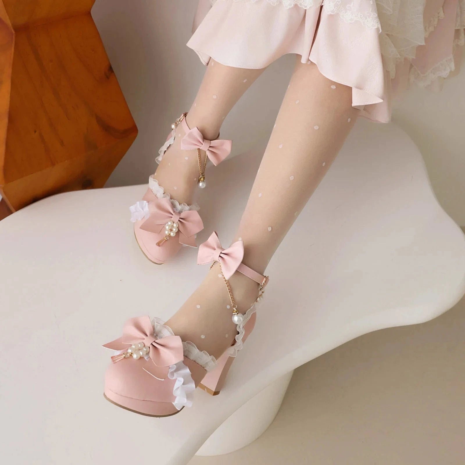 Women Shoes 2023 Fashion Bowknot Pearls Lace Decor PU Shoes Ankle Strap Hollow Out High Heel Sandals Ladies Lolita Dress Sandals
