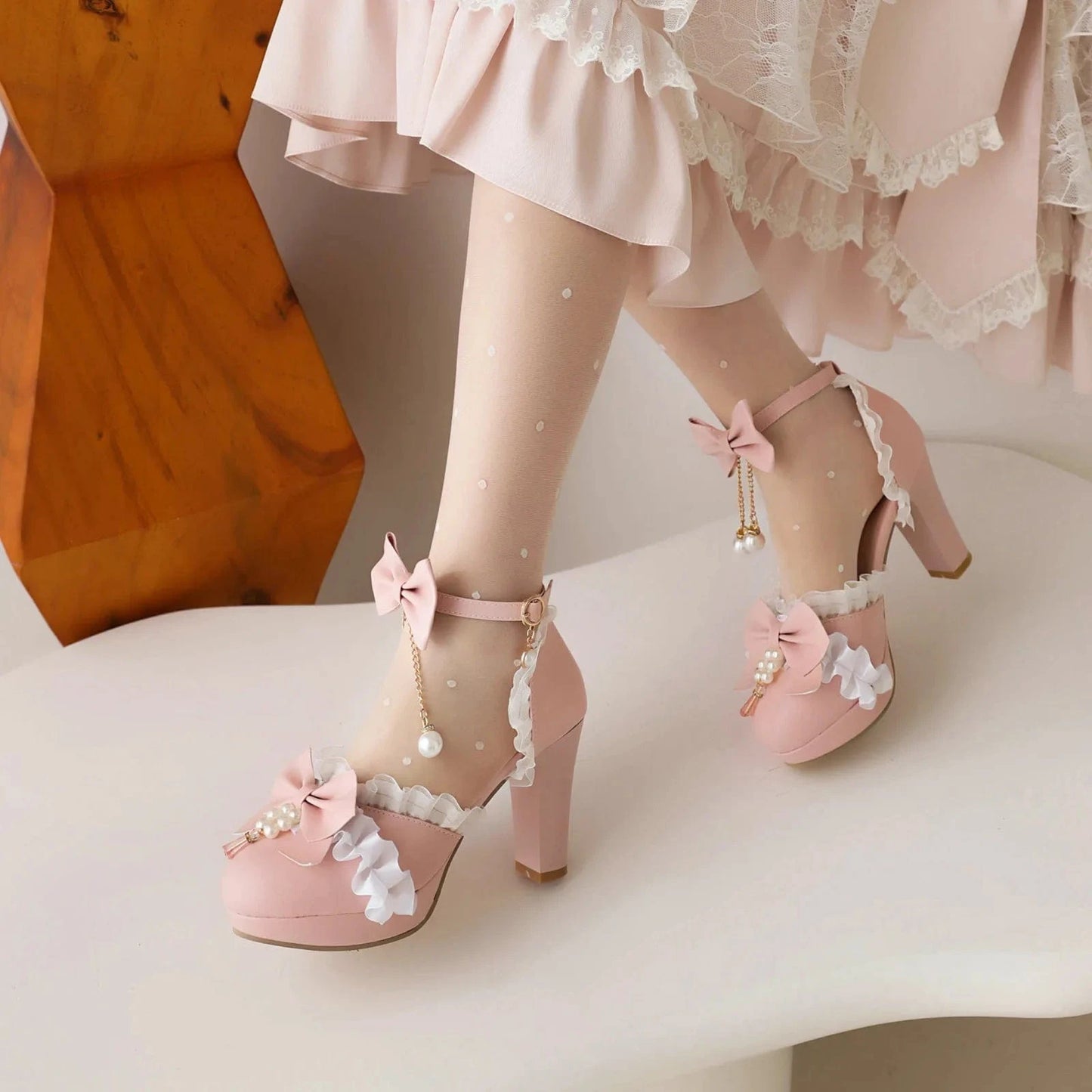 Women Shoes 2023 Fashion Bowknot Pearls Lace Decor PU Shoes Ankle Strap Hollow Out High Heel Sandals Ladies Lolita Dress Sandals