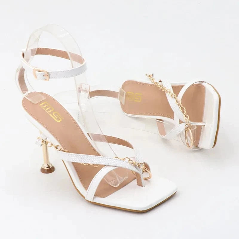Women Shoes 2023 Fashion Metal Chain Decor Clip-toe Shoes Ankle Strap Hollow Out High Heel Sandals Ladies Dating Party Sandalias