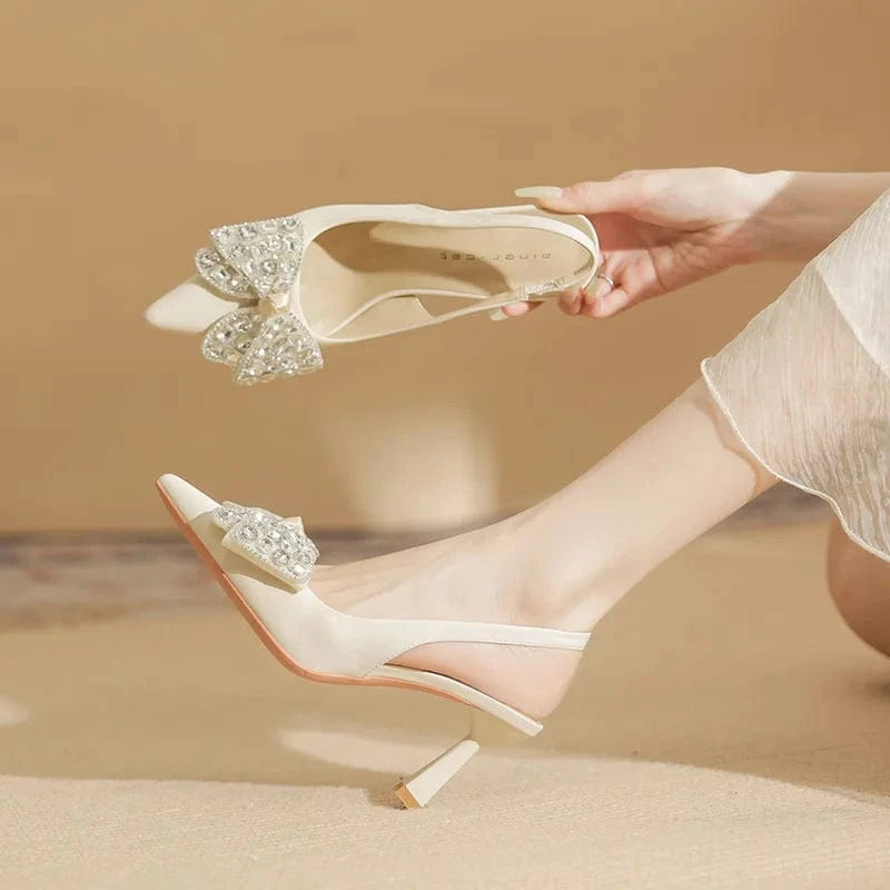 Women Shoes 2023 Fashion Rhinestone Bowknot Buckle Wrap-toe Shoes Shallow Slingback High Heel Sandals For Ladies Outdoor Sandals
