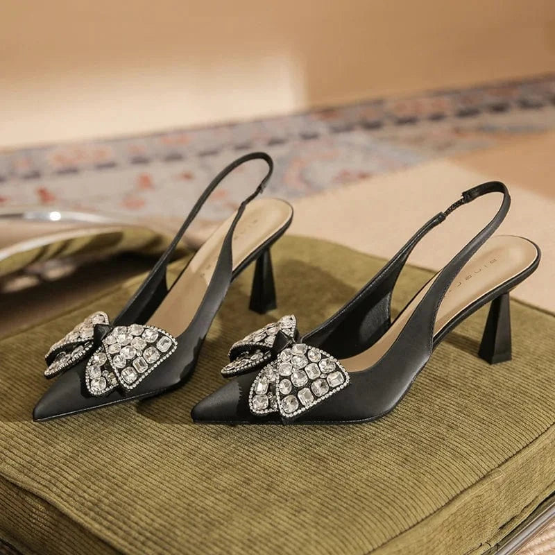 Women Shoes 2023 Fashion Rhinestone Bowknot Buckle Wrap-toe Shoes Shallow Slingback High Heel Sandals For Ladies Outdoor Sandals