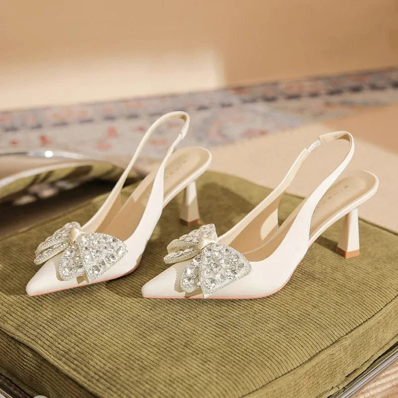 Women Shoes 2023 Fashion Rhinestone Bowknot Buckle Wrap-toe Shoes Shallow Slingback High Heel Sandals For Ladies Outdoor Sandals
