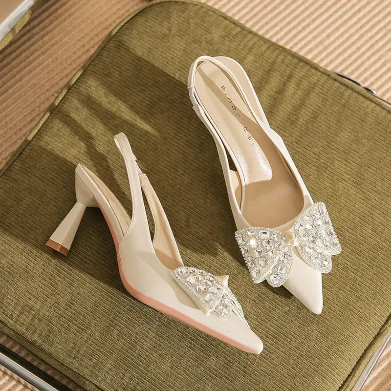 Women Shoes 2023 Fashion Rhinestone Bowknot Buckle Wrap-toe Shoes Shallow Slingback High Heel Sandals For Ladies Outdoor Sandals