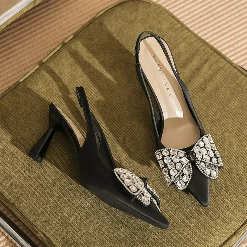 Women Shoes 2023 Fashion Rhinestone Bowknot Buckle Wrap-toe Shoes Shallow Slingback High Heel Sandals For Ladies Outdoor Sandals