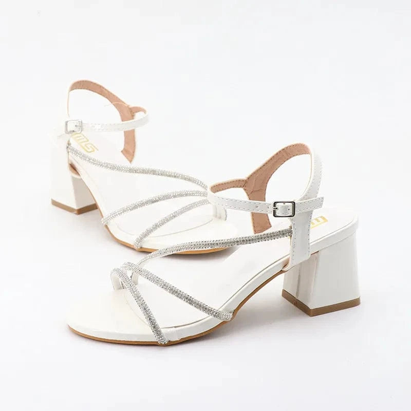 Women Shoes 2023 Fashion Rhinestone Decor Round-toe Shoe Side Hollow Out Ankle Strap Chunky Heel Sandals Ladies Nightclub Sandal