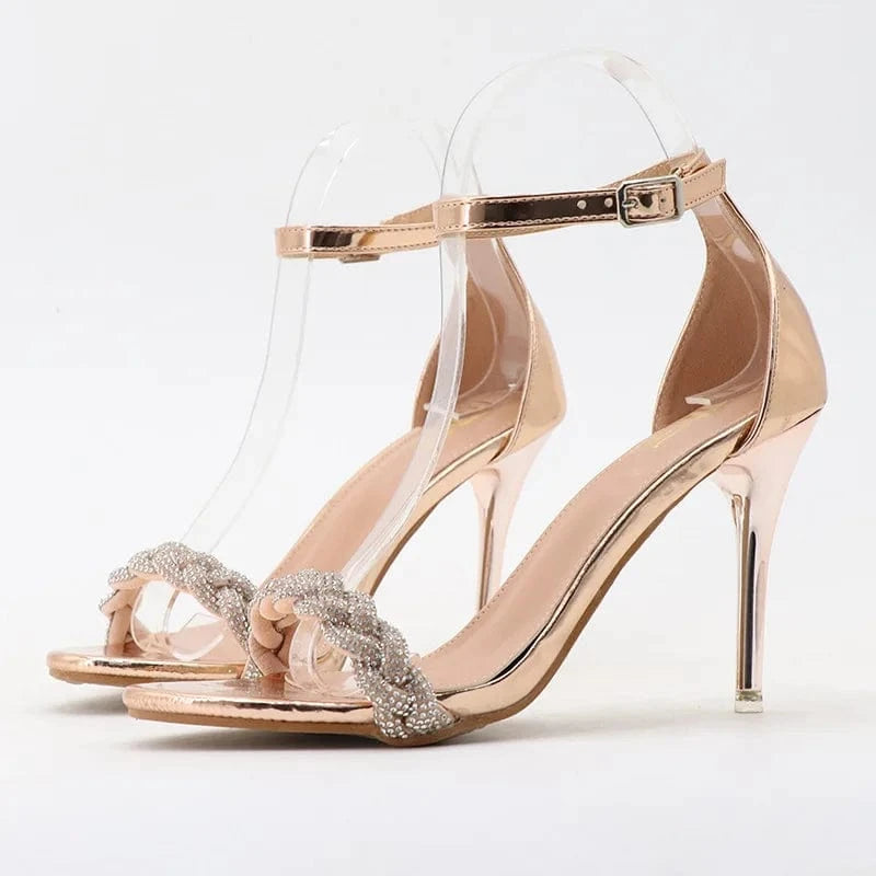 Women Shoes 2023 Hot Sale Rhinestone Decor Round-toe Shoe Ankle Strap Hollow Out High Heel Sandals Ladies Dating Vacation Sandal