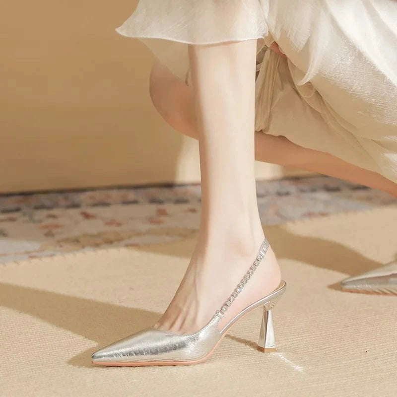 Women Shoes 2023 Hot Selling Microfiber Rhinestone Decor Shoe Wrap-toe Slingback High Heel Sandals Ladies Nightclub Party Sandal