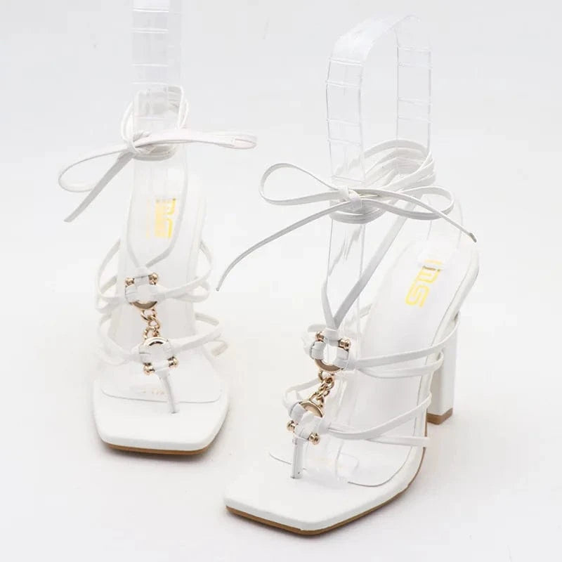 Women Shoes 2023 Sexy Metal Chain Decor Clip-toe Roman Shoes Cross Strap Lace Up High Heel Sandals Ladies Party Nightclub Sandal