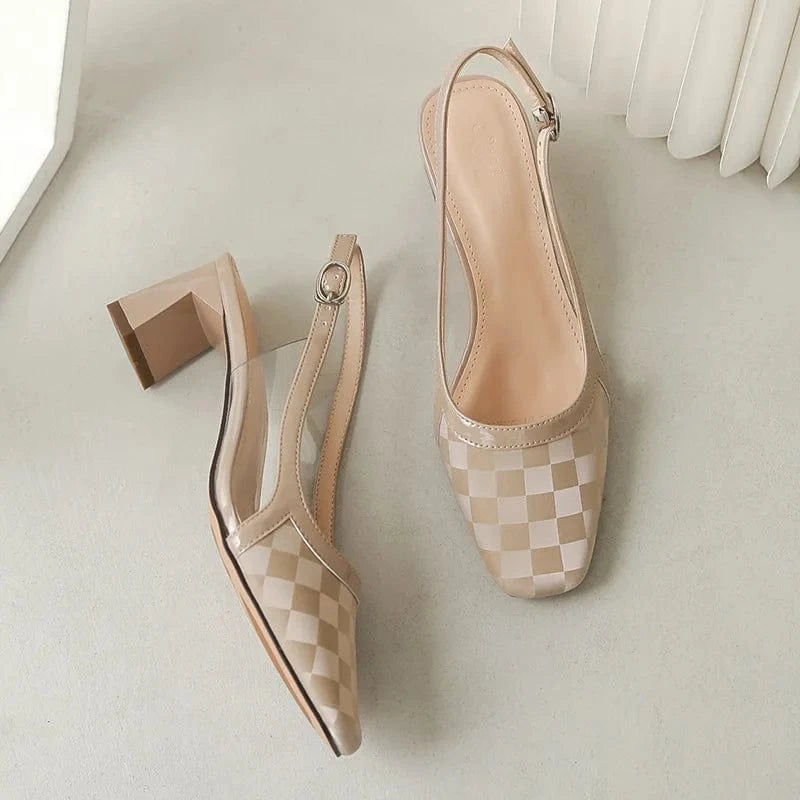 Women Shoes 2023 Vintage Plaid Pattern Square Toe Sandals Wrap-toe Ankle Strap Chunky Heels Sandals Ladies Dating Shopping Shoes