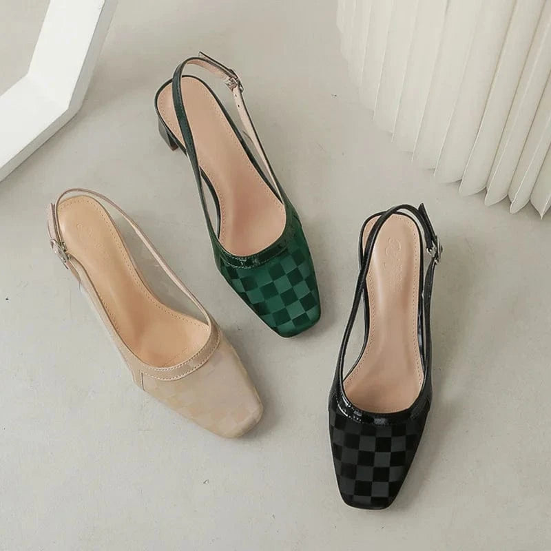 Women Shoes 2023 Vintage Plaid Pattern Square Toe Sandals Wrap-toe Ankle Strap Chunky Heels Sandals Ladies Dating Shopping Shoes