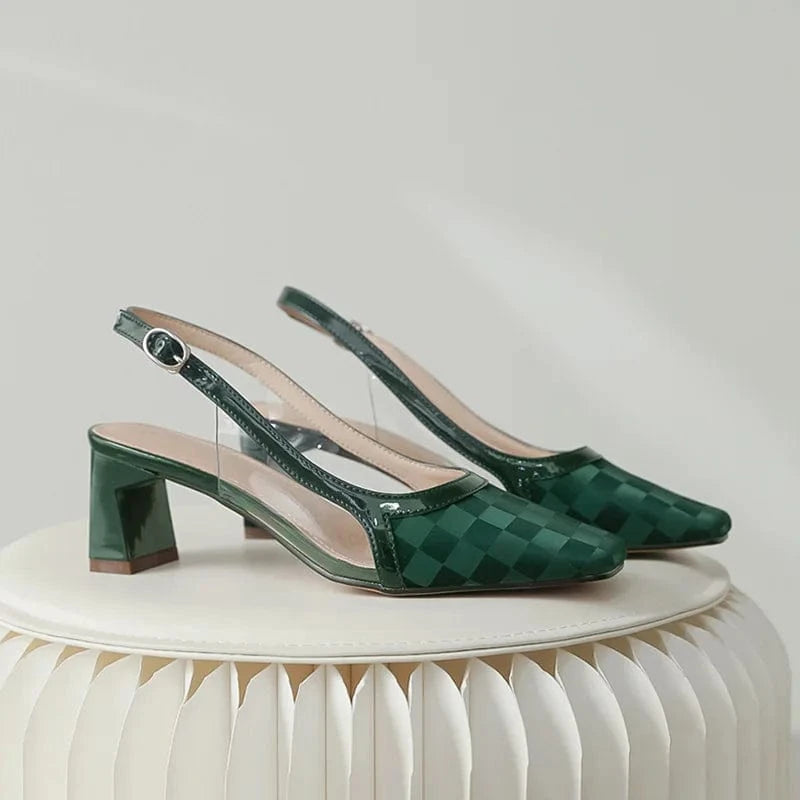 Women Shoes 2023 Vintage Plaid Pattern Square Toe Sandals Wrap-toe Ankle Strap Chunky Heels Sandals Ladies Dating Shopping Shoes