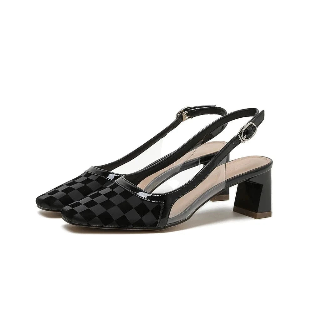 Women Shoes 2023 Vintage Plaid Pattern Square Toe Sandals Wrap-toe Ankle Strap Chunky Heels Sandals Ladies Dating Shopping Shoes