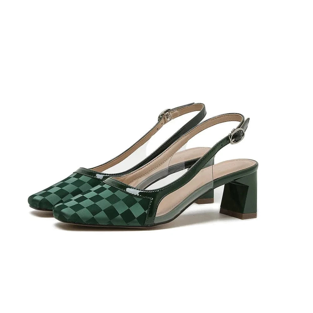 Women Shoes 2023 Vintage Plaid Pattern Square Toe Sandals Wrap-toe Ankle Strap Chunky Heels Sandals Ladies Dating Shopping Shoes