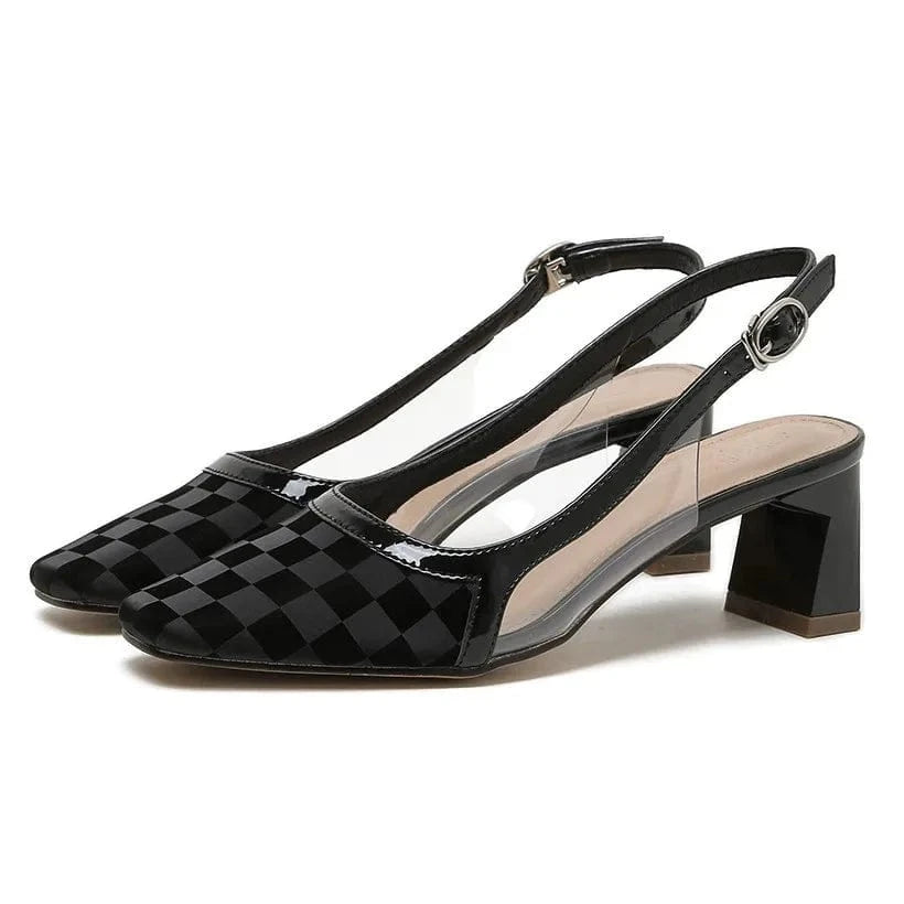 Women Shoes 2023 Vintage Plaid Pattern Square Toe Sandals Wrap-toe Ankle Strap Chunky Heels Sandals Ladies Dating Shopping Shoes