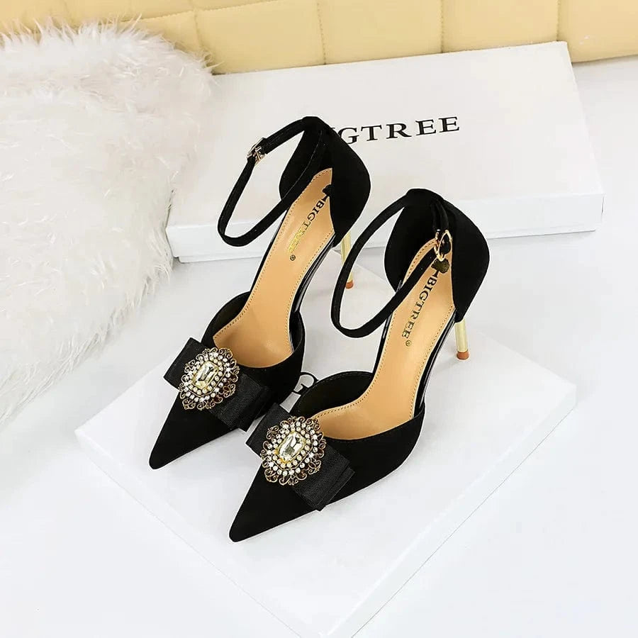 Women Shoes 2023 Vintage Rhinestone Metal Buckle Suede Sandalias Hollow Out Ankle Strap High Heels Sandals Ladies Shopping Shoes