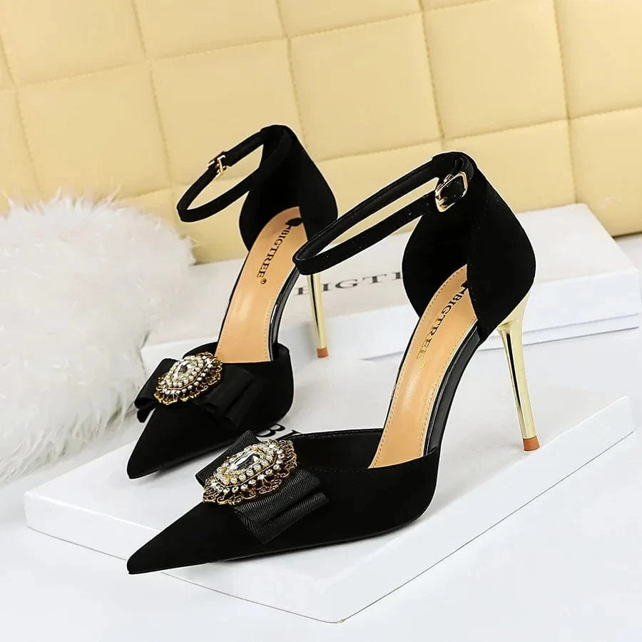 Women Shoes 2023 Vintage Rhinestone Metal Buckle Suede Sandalias Hollow Out Ankle Strap High Heels Sandals Ladies Shopping Shoes