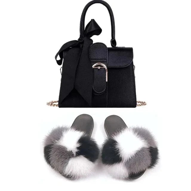 Women Shoes Real Fox Fur Slides And Bags Extra Fluffy Furry Luxury Slippers With Purses Comfortable Sandals And Jelly Purse Sets