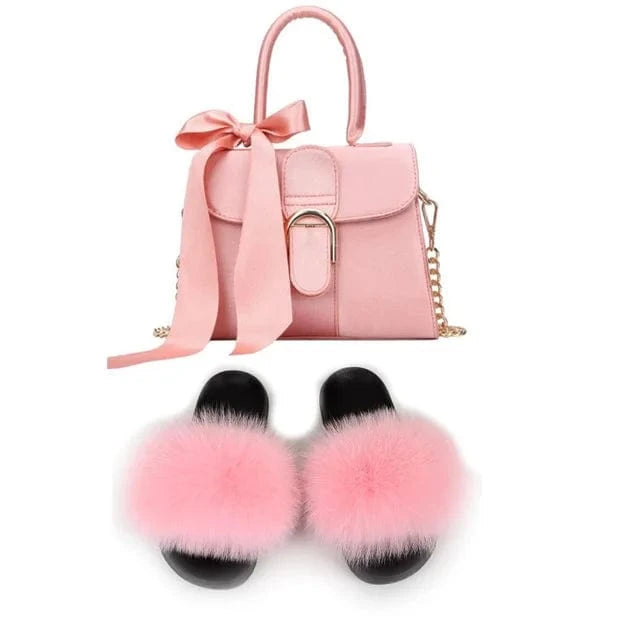 Women Shoes Real Fox Fur Slides And Bags Extra Fluffy Furry Luxury Slippers With Purses Comfortable Sandals And Jelly Purse Sets