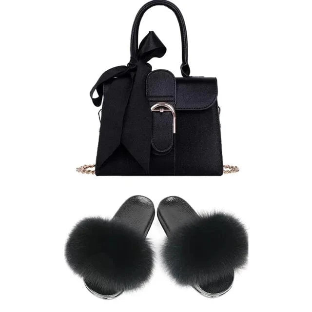 Women Shoes Real Fox Fur Slides And Bags Extra Fluffy Furry Luxury Slippers With Purses Comfortable Sandals And Jelly Purse Sets