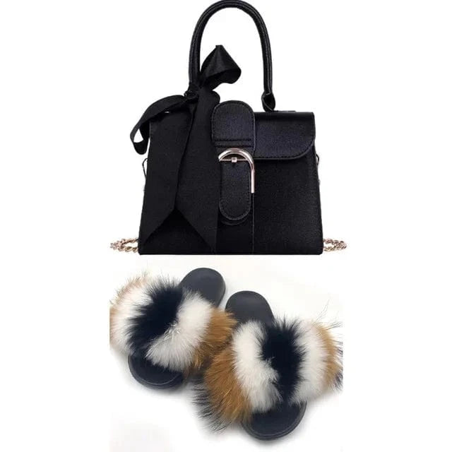 Women Shoes Real Fox Fur Slides And Bags Extra Fluffy Furry Luxury Slippers With Purses Comfortable Sandals And Jelly Purse Sets