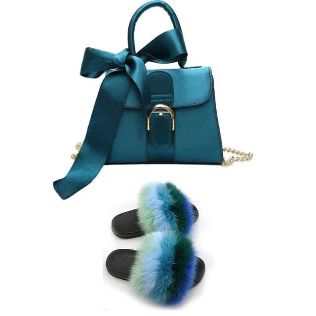 Women Shoes Real Fox Fur Slides And Bags Extra Fluffy Furry Luxury Slippers With Purses Comfortable Sandals And Jelly Purse Sets