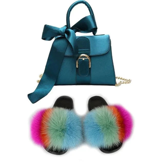 Women Shoes Real Fox Fur Slides And Bags Extra Fluffy Furry Luxury Slippers With Purses Comfortable Sandals And Jelly Purse Sets