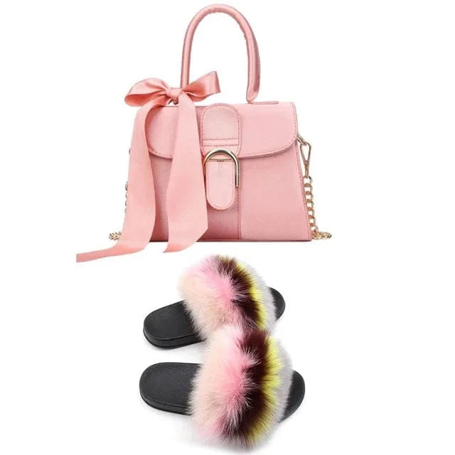 Women Shoes Real Fox Fur Slides And Bags Extra Fluffy Furry Luxury Slippers With Purses Comfortable Sandals And Jelly Purse Sets