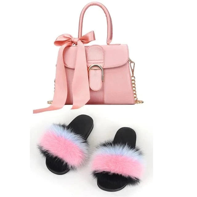 Women Shoes Real Fox Fur Slides And Bags Extra Fluffy Furry Luxury Slippers With Purses Comfortable Sandals And Jelly Purse Sets