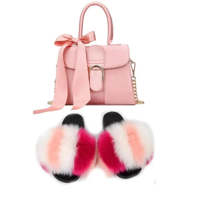Women Shoes Real Fox Fur Slides And Bags Extra Fluffy Furry Luxury Slippers With Purses Comfortable Sandals And Jelly Purse Sets