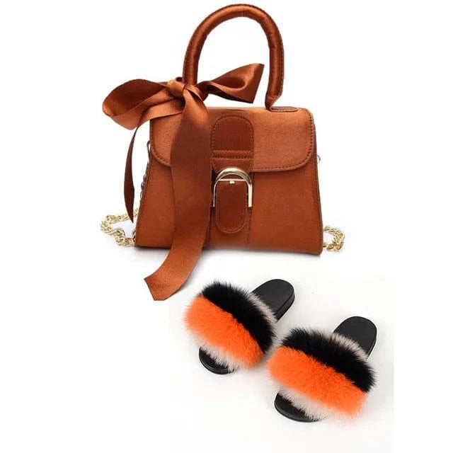 Women Shoes Real Fox Fur Slides And Bags Extra Fluffy Furry Luxury Slippers With Purses Comfortable Sandals And Jelly Purse Sets