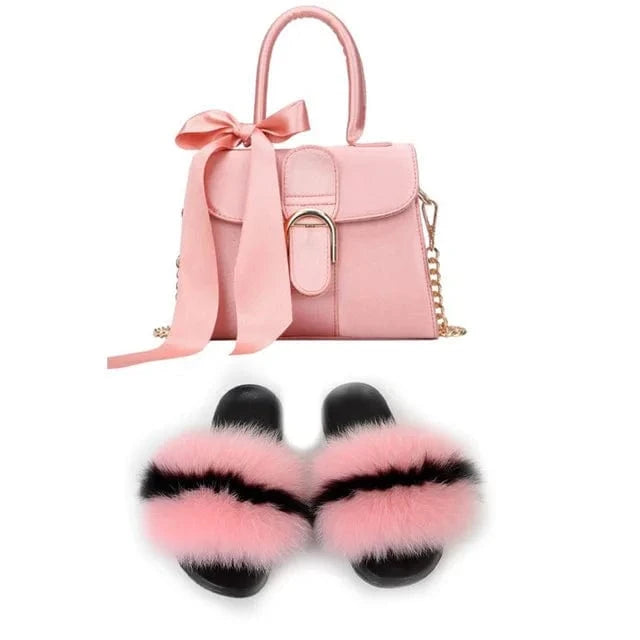 Women Shoes Real Fox Fur Slides And Bags Extra Fluffy Furry Luxury Slippers With Purses Comfortable Sandals And Jelly Purse Sets