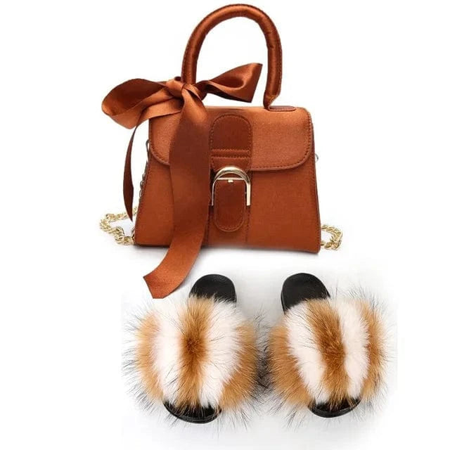 Women Shoes Real Fox Fur Slides And Bags Extra Fluffy Furry Luxury Slippers With Purses Comfortable Sandals And Jelly Purse Sets