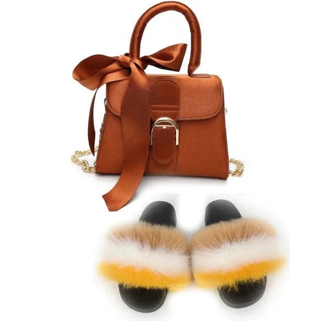 Women Shoes Real Fox Fur Slides And Bags Extra Fluffy Furry Luxury Slippers With Purses Comfortable Sandals And Jelly Purse Sets