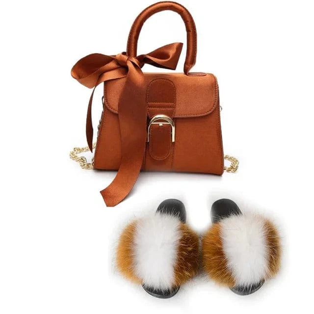 Women Shoes Real Fox Fur Slides And Bags Extra Fluffy Furry Luxury Slippers With Purses Comfortable Sandals And Jelly Purse Sets