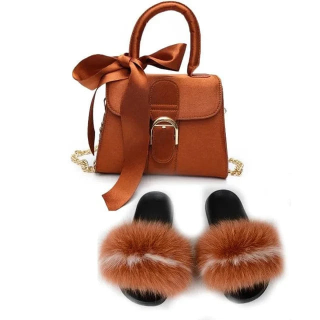 Women Shoes Real Fox Fur Slides And Bags Extra Fluffy Furry Luxury Slippers With Purses Comfortable Sandals And Jelly Purse Sets