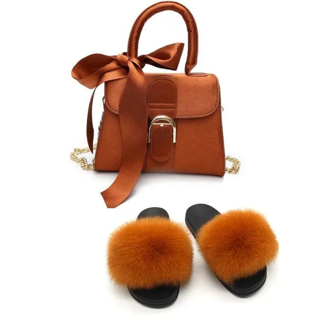Women Shoes Real Fox Fur Slides And Bags Extra Fluffy Furry Luxury Slippers With Purses Comfortable Sandals And Jelly Purse Sets