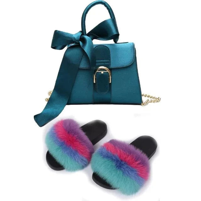 Women Shoes Real Fox Fur Slides And Bags Extra Fluffy Furry Luxury Slippers With Purses Comfortable Sandals And Jelly Purse Sets