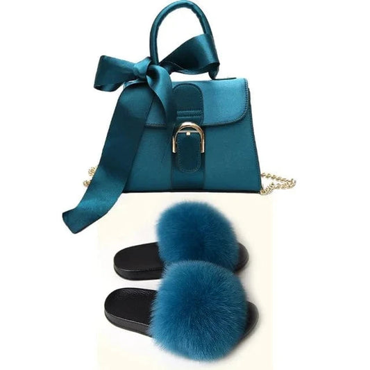 Women Shoes Real Fox Fur Slides And Bags Extra Fluffy Furry Luxury Slippers With Purses Comfortable Sandals And Jelly Purse Sets