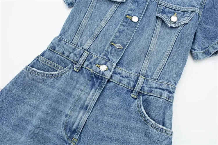 Women Short Sleeve Single Breasted Turn-down Collar Denim Bodycon Mini Dress 2024 Fashion Chic Dresses
